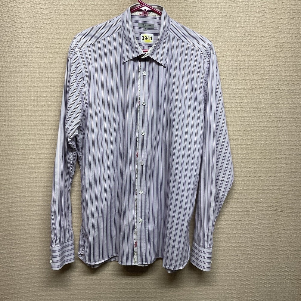 Men's Ted Baker Shirt Sz 5 White Purple Striped Button Up Long Sleeve 10/12-XL - Picture 4 of 10